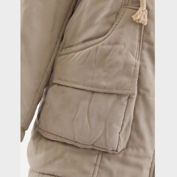 Hooded Faux Fur Drawstring Taupe Parka Jacket - Picture 6 of 11